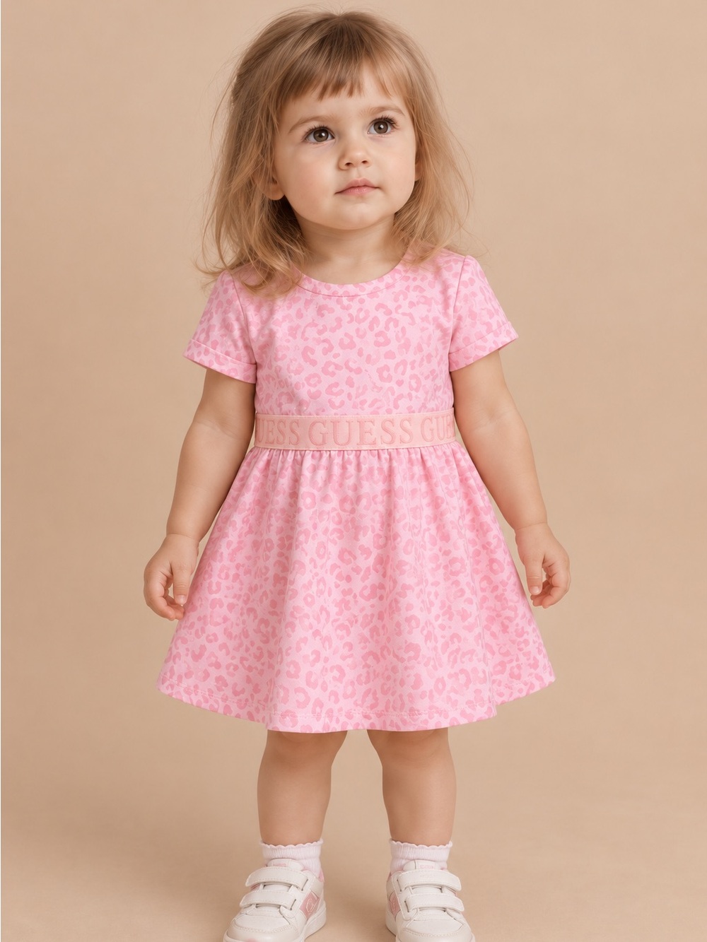 Guess Pink Leopard-Print Short Sleeve Dress for Girls